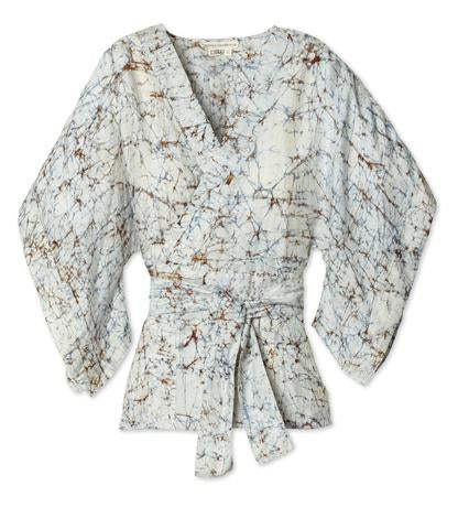 Batik Silk Kimono-Sleeve Wrap Shirt