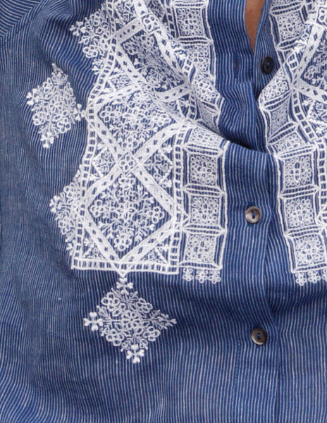 Basilica Collared Shirt - Blue Khadi Stripes