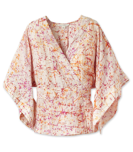 Batik Silk Kimono-Sleeve Wrap Shirt